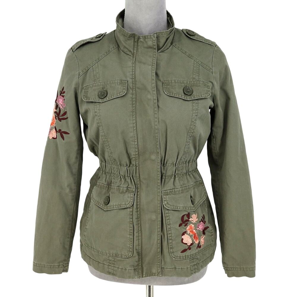 Jou Jou Juniors Large Military Jacket Green Embroidered Zip Quilted Lining Y2K